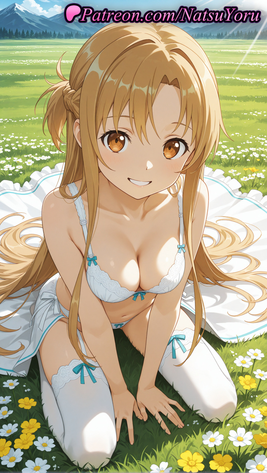 1girl 1girl 1girls 2025 ai ai_assisted ai_generated anime anime_style asuna_(sao) bangs bare_arms bare_shoulders between_legs big_breasts blonde_hair blue_sky blush bow_bra bra braid breasts brown_eyes brown_hair bust cleavage clothing collarbone daisy day female_focus female_only field flower flower_field french_braid grass grin hand_between_legs hentai high_quality high_res high_res high_resolution lingerie long_hair looking_at_viewer meadow medium_breasts mountain mountainous_horizon natsuyoru navel on_grass outside panties panties parted_bangs patreon sitting skirt sky smile solo_female stable_diffusion stockings stomach sunlight sword_art_online sword_art_online_alicization teeth underwear underwear_only very_long_hair voluptuous voluptuous_female wariza white_bra white_flower white_legwear white_panties white_thighhighs yellow_flower yuuki_asuna