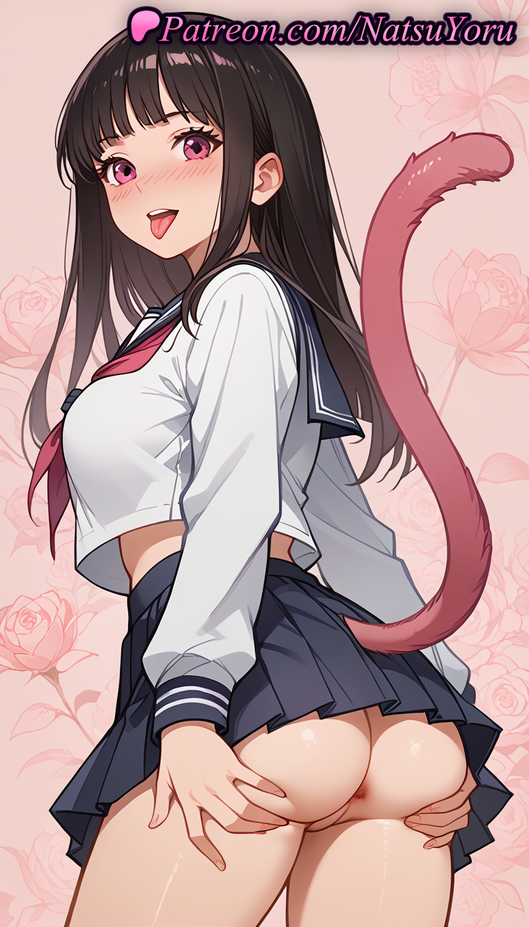 1girl 1girl 1girls 2025 ai ai_generated anime anime_style anus anus asian ass ass ass_support bangs big_breasts black_hair black_skirt blue_skirt blunt_bangs blush breasts bust cat_tail cowboy_shot crop_top crop_top_overhang female_focus female_only floral_background flower from_behind hands_on_own_ass hentai high_quality high_res high_res high_resolution iki_hiyori juicy_butt long_hair long_sleeves looking_at_viewer looking_back medium_breasts miniskirt natsuyoru neckerchief no_panties noragami nose_blush open_mouth patreon pink_background pink_eyes pleated_skirt purple_eyes pussy pussy red_neckerchief sailor_collar sailor_uniform school_uniform serafuku shirt skirt smile solo_female spread_ass stable_diffusion standing straight_hair tail tail_raised teeth thighs tongue tongue_out uncensored upper_teeth_only voluptuous voluptuous_female white_shirt