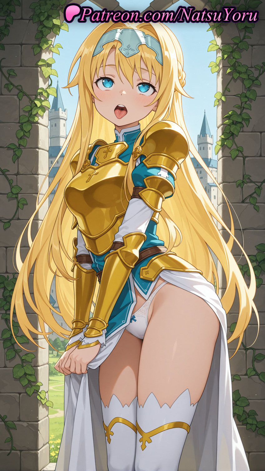 2025 ahegao ai_assisted ai_generated alice_schuberg alice_synthesis_thirty anime anime_style armor armored_dress bangs big_breasts blonde_hair blue_dress blue_eyes blue_sky blush bow braid breastplate breasts brick_wall bust castle clothes_lift clothing day dress dress_lift feet_out_of_frame female_focus female_solo gauntlets hair_between_eyes hairband hentai high_quality high_res high_resolution long_hair looking_at_viewer natsuyoru open_mouth outside panties patreon pauldrons shoulder_armor skirt sky stable_diffusion standing stockings sword_art_online sword_art_online_alicization teeth thighs tongue tongue_out underwear upper_teeth_only very_long_hair voluptuous voluptuous_female white_panties white_thighhighs