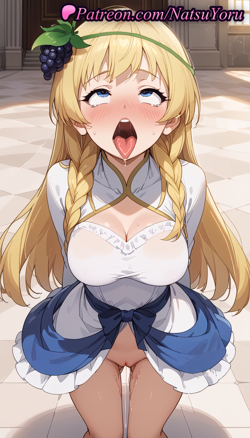 2025 ahegao ai_assisted ai_generated anime anime_style arms_behind_back ass_visible_through_thighs bangs big_breasts blonde_hair blue_eyes blue_skirt blush braid breasts bust cleavage cleavage_cutout clothing clothing_cutout dress feet_out_of_frame female_focus female_solo food food-themed_hair_ornament frilled_dress frills fruit grapes hair_ornament hentai high_quality high_res high_resolution indoors iris_(konosuba) kono_subarashii_sekai_ni_shukufuku_wo! long_hair looking_up natsuyoru no_panties open_mouth oral_invitation patreon pussy pussy_juice rolling_eyes saliva sitting skirt stable_diffusion standing sweat teeth tongue tongue_out twin_braids uncensored voluptuous voluptuous_female white_dress