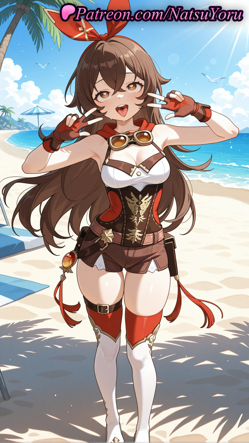 2025 ahegao ai_generated amber_(genshin_impact) anime anime_style armpit armpits bangs bare_shoulders beach beach_chair belt belt_pouch big_breasts bird blue_sky blush boots breasts brown_eyes brown_gloves brown_hair brown_shorts bust cleavage cloud crossed_bangs day double_v double_w female_focus fingerless_gloves full_body genshin_impact gloves goggles goggles_around_neck hair_between_eyes hair_bow hair_ribbon hairband heart heart-shaped_pupils hentai high_quality high_res high_resolution long_hair looking_at_viewer medium_breasts natsuyoru ocean open_mouth outside palm_tree patreon pouch red_gloves red_ribbon red_thighhighs ribbon sand shore short_shorts shorts sky sleeveless smile stable_diffusion standing stockings sunlight symbol-shaped_pupils teeth thigh_high_boots thigh_strap thighhighs_under_boots thighs tongue tongue_out tree umbrella upper_teeth_only v vision_(genshin_impact) voluptuous voluptuous_female w water white_footwear