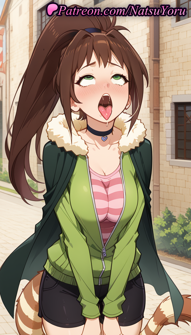 2025 ahegao ai_generated anime anime_style artist_name big_breasts bike_shorts black_choker black_shorts blush breasts brown_hair building bust cape choker cleavage collarbone cowboy_shot day female_focus female_solo fur fur-trimmed_cape fur_collar fur_trim green_cape green_eyes green_jacket heart heart_choker hentai high_ponytail high_quality high_res high_resolution jacket kono_subarashii_sekai_ni_shukufuku_wo! long_hair long_sleeves looking_up medium_breasts natsuyoru non-asian open_mouth oral_invitation outside partially_unzipped patreon pink_shirt ponytail raccoon_tail rin_(konosuba) rolling_eyes saliva saliva_drip shirt short_shorts shorts stable_diffusion standing striped striped_clothes striped_shirt striped_tail t-shirt tail teeth tongue tongue_out v_arms voluptuous voluptuous_female zipper zipper_pull_tab