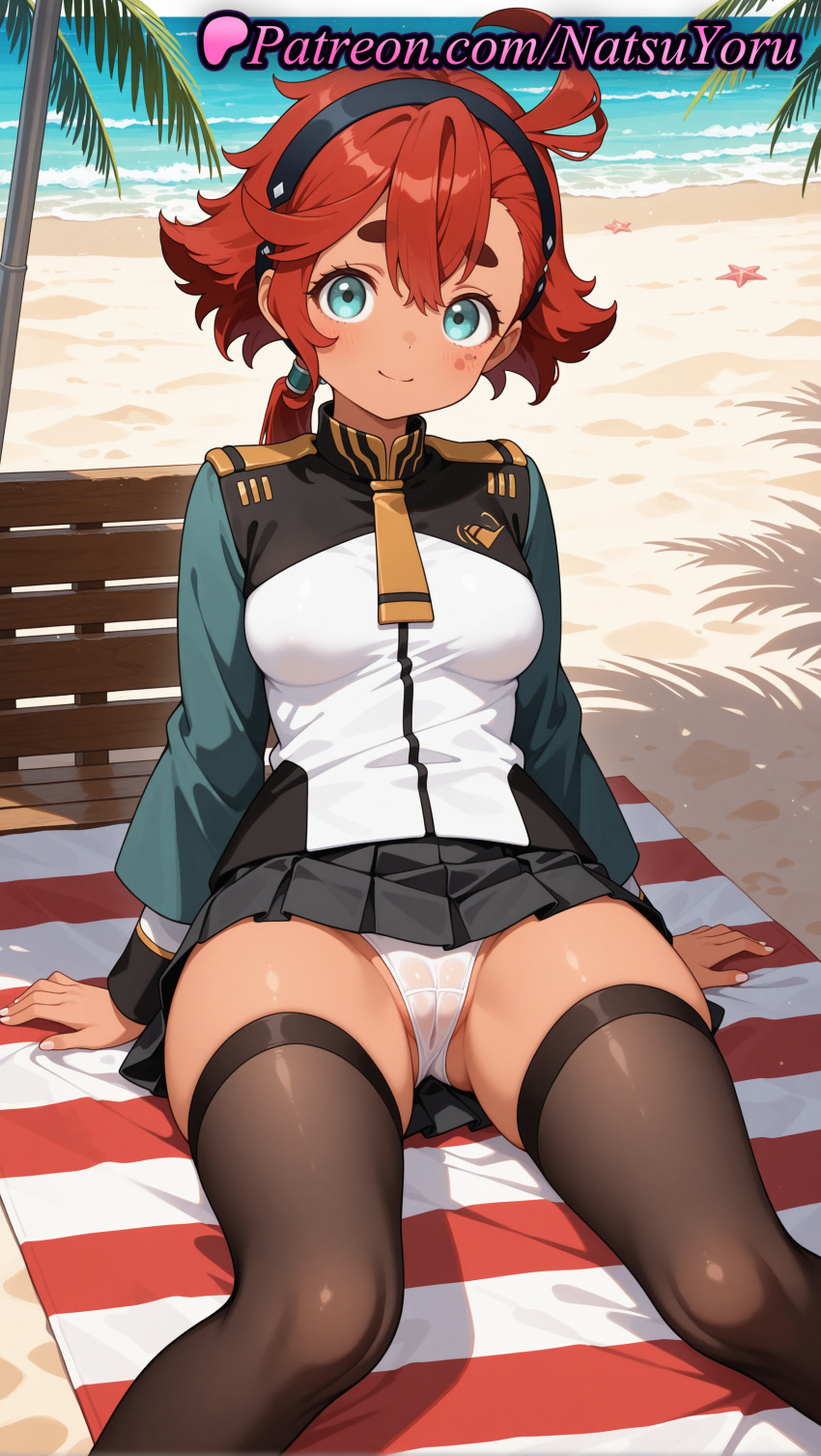 2025 ahoge ai_assisted ai_generated anime anime_style aqua_eyes arm_support ass_visible_through_thighs asticassia_school_uniform bangs beach beach_towel big_breasts black_hairband black_legwear black_skirt black_thighhighs blue_eyes blush breasts brown_thighhighs bust cameltoe closed_mouth clothing dark-skinned_female dark_skin day feet_out_of_frame female_focus female_solo green_jacket gundam gundam_suisei_no_majo hair_between_eyes hairband hentai high_quality high_res high_resolution jacket legwear long_hair long_sleeves looking_at_viewer low_ponytail medium_breasts miniskirt natsuyoru neck_tie ocean outside palm_tree panties pantyshot patreon pleated_skirt red_hair sand school_uniform shadow shoulder_boards sitting skindentation skirt smile stable_diffusion starfish stockings suletta_mercury swept_bangs thick_eyebrows thick_thighs thighs towel tree underwear upskirt voluptuous voluptuous_female water white_panties yellow_necktie