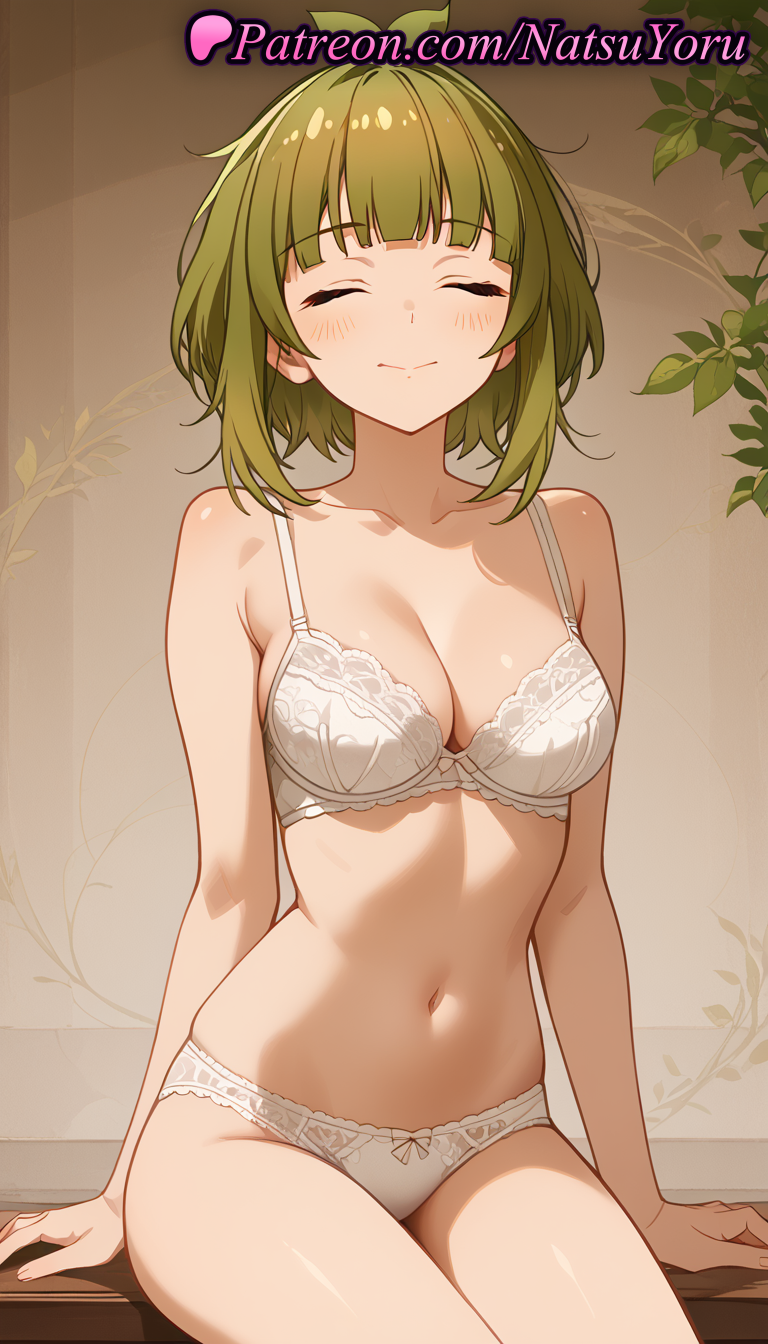 2025 ahoge ai_generated anime anime_style arm_support bangs bare_arms bare_shoulders bashame_meme big_breasts blunt_bangs blush bow bow_bra bow_panties bra breasts bust cleavage closed_eyes closed_mouth collarbone cowboy_shot facing_viewer female_focus female_solo green_hair hentai high_quality high_res high_resolution indoors lace-trimmed_bra lingerie medium_breasts my_deer_friend_nokotan natsuyoru navel panties patreon shikanoko_nokonoko_koshitantan short_hair sitting smile stable_diffusion stomach thighs underwear underwear_only voluptuous voluptuous_female white_bra white_panties