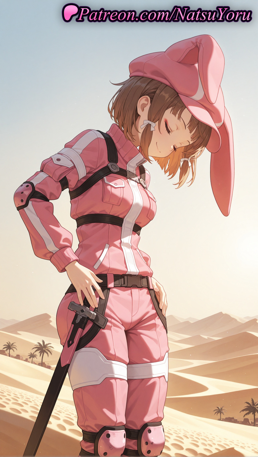 2025 ai_assisted ai_generated animal_ears animal_hat anime anime_style bangs belt big_breasts blush braid breast_pocket breasts brown_hair bunny_hat bust closed_eyes closed_mouth clothing day desert elbow_pads fake_animal_ears female_focus female_solo gun gun_gale_online hair_ribbon hand_on_hip hands_on_hips hands_on_own_hips hat hentai high_quality high_res high_resolution jacket knee_pads kohiruimaki_karen llenn_(sao) long_sleeves medium_breasts natsuyoru outside palm_tree pants patreon pink_headwear pink_jacket pink_pants pocket rabbit_ears rabbit_hat ribbon sand sheath sheathed short_hair sky smile stable_diffusion standing sword sword_art_online tree uniform voluptuous voluptuous_female weapon