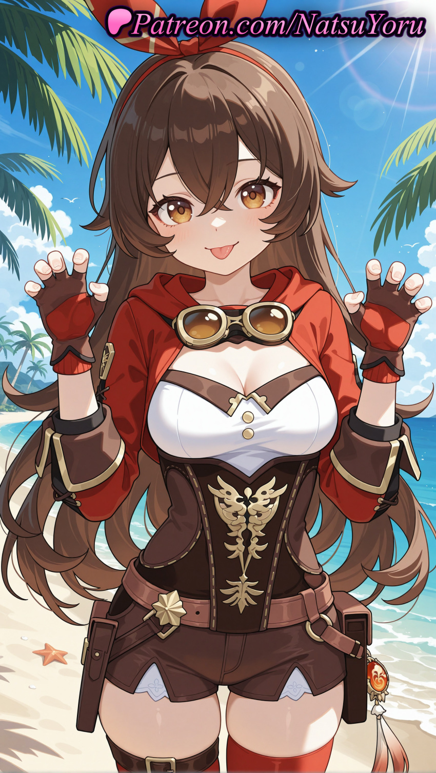 2025 ai_generated amber_(genshin_impact) anime anime_style asian bangs beach belt belt_pouch big_breasts blue_sky blush breasts brown_belt brown_corset brown_eyes brown_gloves brown_hair brown_shorts bust claw_pose cleavage cloud corset cowboy_shot crossed_bangs day female_focus female_solo fingerless_gloves genshin_impact gloves goggles goggles_around_neck hair_between_eyes hair_bow hair_ribbon hairband hands_up hentai high_quality high_res high_resolution long_hair long_sleeves looking_at_viewer medium_breasts natsuyoru ocean outside palm_tree patreon pouch red_gloves red_hairband red_ribbon red_thighhighs ribbon sand short_shorts shorts shrug_(clothing) skindentation sky smile stable_diffusion stockings sunlight thigh_strap thighs tongue tongue_out tree vision_(genshin_impact) voluptuous voluptuous_female