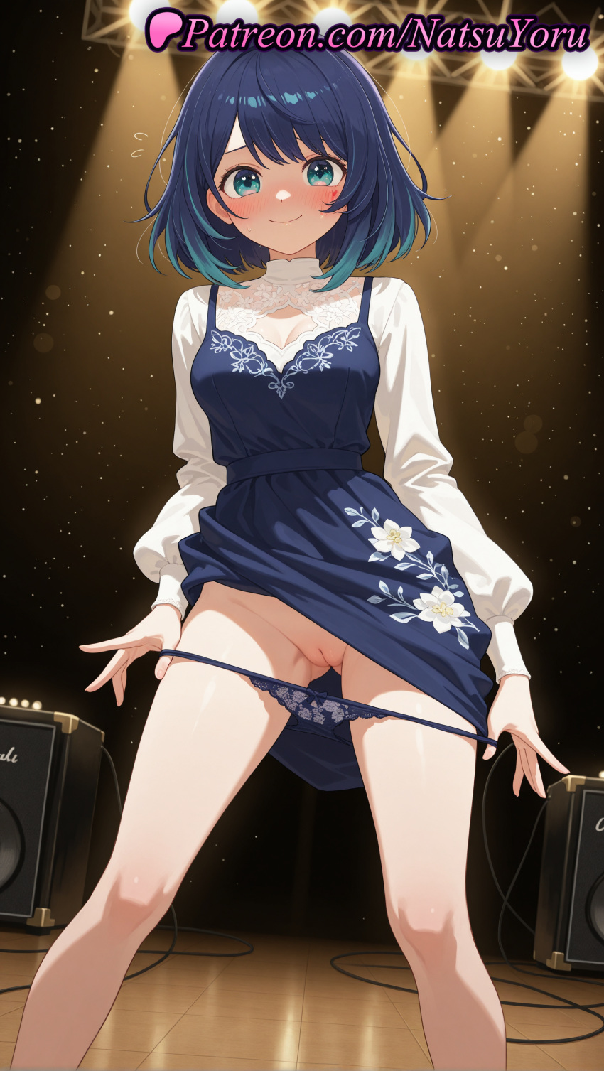 2025 ai_generated amplifier anime anime_style aqua_eyes asian ass_visible_through_thighs bangs big_breasts blue_dress blue_eyes blue_hair blue_panties blush bow bow_panties breasts bust cleavage cleavage_cutout cleft_of_venus closed_mouth clothes_lift dress dress_lift feet_out_of_frame female_focus floral_print flying_sweatdrops gradient_hair hairless_pussy hentai high_quality high_res high_resolution kurokawa_akane legs_apart lifted_by_self light_particles long_sleeves looking_at_viewer medium_breasts medium_hair multicolored_hair natsuyoru oshi_no_ko panties panties_down panty_pull patreon puffy_long_sleeves puffy_sleeves pulled_by_self pussy pussy_juice shaved_pussy shirt short_hair smile speaker spotlight stable_diffusion stage stage_lights standing swept_bangs uncensored underwear undressing voluptuous voluptuous_female white_shirt