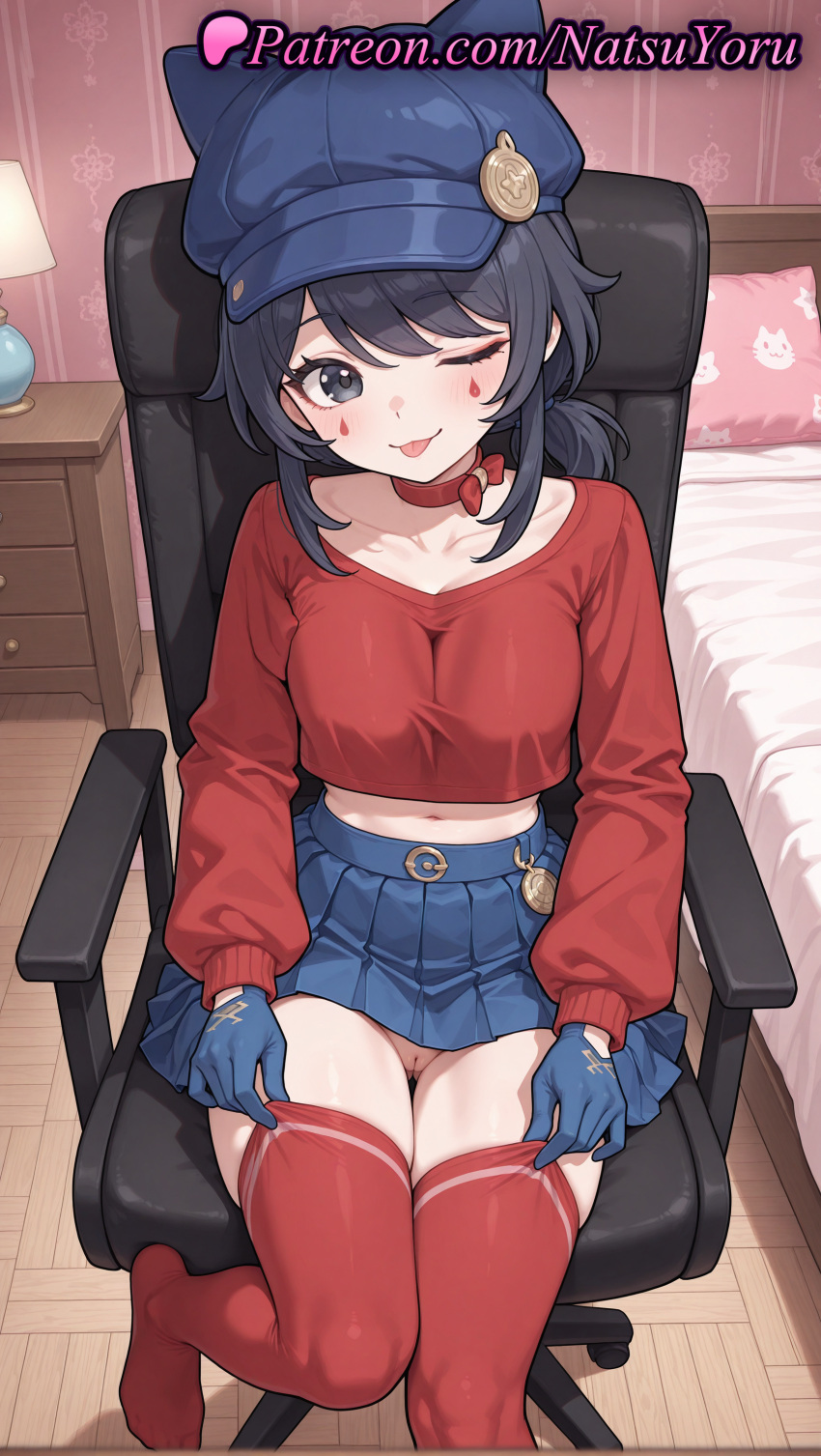 2025 ai_generated animal_ear_headwear animal_ears animal_hat anime anime_style asian bangs bed bedroom big_breasts black_eyes black_hair blue_eyes blue_gloves blue_headwear blue_skirt blush bottomless bow breasts bust cabbie_hat cappie_(miside) chair choker cleft_of_venus closed_mouth clothing collarbone cool_mita_(miside) crop_top cropped_shirt east_asian facial_mark fake_animal_ears female_focus female_solo gloves grey_eyes hat hentai high_quality high_res high_resolution indoors lamp legwear lips long_sleeves looking_at_viewer medium_breasts medium_hair midriff miniskirt miside mita_(miside) natsuyoru navel no_panties no_shoes on_chair one_eye_closed patreon pillow pleated_skirt puffy_long_sleeves puffy_sleeves pussy red_bow red_choker red_collar red_gloves red_legwear red_shirt red_sweater red_thighhighs shirt sitting skirt smile stable_diffusion stockings swivel_chair tongue tongue_out uncensored voluptuous voluptuous_female wooden_floor