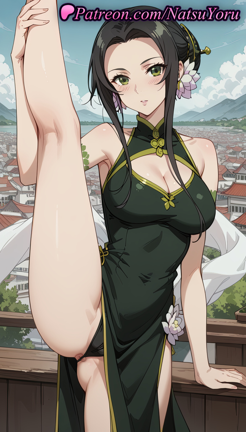 2025 ai_generated anime anime_style anus anus_peek architecture armpit armpits asian bare_shoulders big_breasts black_dress black_hair black_panties blush breasts building bust cameltoe china_dress chinese_clothes cleavage cleavage_cutout clothing_cutout covered_navel day dress earrings east_asian_architecture female_focus female_solo flexible flower forehead green_dress green_eyes hair_bun hair_flower hair_ornament hentai high_quality high_res high_resolution jewelry kneepits labia leg_lift legs lips long_hair looking_at_viewer mountainous_horizon natsuyoru ost_horai outside panties parted_lips partially_visible_vulva patreon pelvic_curtain shawl sidelocks single_hair_bun sky sleeveless sleeveless_dress split spread_legs stable_diffusion standing standing_on_one_leg standing_split tate_no_yuusha_no_nariagari the_rising_of_the_shield_hero thighs underwear voluptuous voluptuous_female