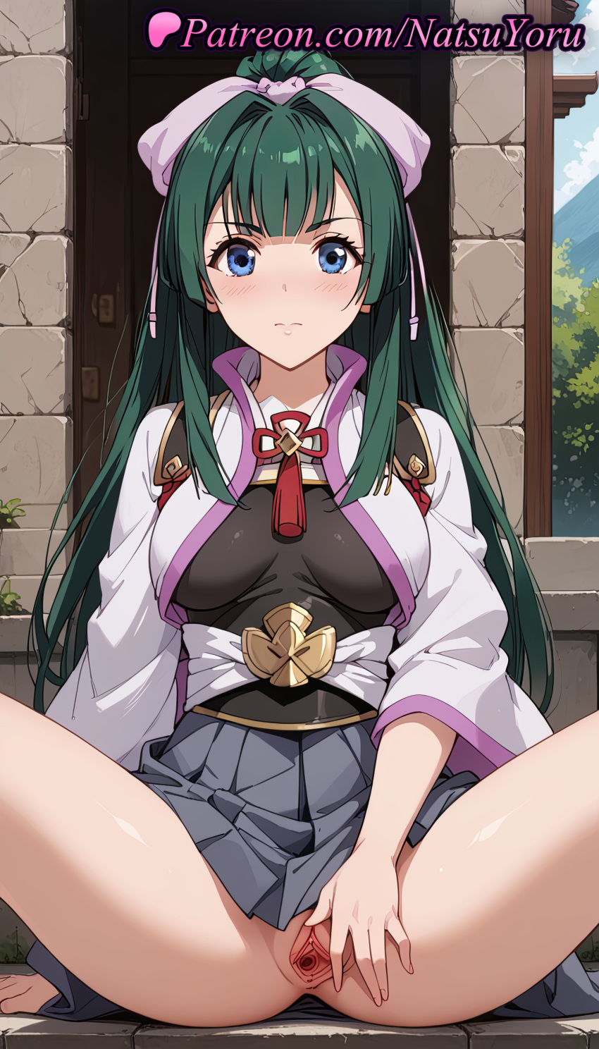 2025 ai_generated anime anime_style anus arm_support armor bangs big_breasts blue_eyes blunt_bangs blush bow breastplate breasts bust chinese_knot clitoris closed_mouth clothes_lift day female_focus female_solo flower_knot green_hair grey_skirt hair_bow hair_intakes hakama hentai high_ponytail high_quality high_res high_resolution indoors jacket japanese_clothes labia labia_minora long_hair long_sleeves looking_at_viewer medium_breasts natsuyoru no_panties outside patreon pink_bow pleated_skirt ponytail presenting pussy pussy_lips pussy_peek ribbon sidelocks sitting skirt spread_legs spread_pussy stable_diffusion tassel tate_no_yuusha_no_nariagari the_rising_of_the_shield_hero thighs uncensored urethra very_long_hair voluptuous voluptuous_female vulva wall wide_sleeves yomogi_emarl