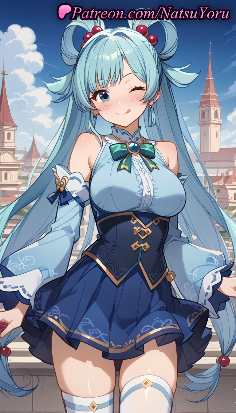 2025 ai_generated anime anime_style aqua_(konosuba) aqua_hair asian bangs bare_shoulders big_breasts blue_eyes blue_hair blue_shirt blue_skirt blue_sky blush bow bowtie breasts bust closed_mouth cloud corset cowboy_shot day detached_sleeves earrings female_focus female_solo frilled_sleeves frills green_bow green_bowtie hair_bobbles hair_intakes hair_ornament hair_rings hentai high_quality high_res high_resolution huge_breasts jewelry kono_subarashii_sekai_ni_shukufuku_wo! long_hair long_sleeves looking_at_viewer medium_breasts miniskirt natsuyoru non-asian one_eye_closed outside patreon pleated_skirt puffy_sleeves shirt single_hair_ring skindentation skirt sky sleeveless sleeveless_shirt smile stable_diffusion stockings thighs tongue tongue_out twin_tails underbust very_long_hair voluptuous voluptuous_female white_thighhighs wide_sleeves zettai_ryouiki