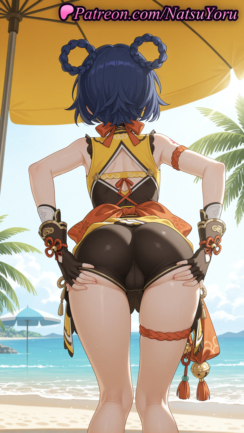 2025 ai_generated anime anime_style arm_strap artist_name asian ass ass_focus ass_grab back back_cutout bare_shoulders beach beach_umbrella black_gloves black_shorts blue_hair blue_sky braid braided_hair_rings cameltoe china_dress chinese_clothes clothing_cutout cloud day dress facing_away fat_mons feet_out_of_frame female_focus female_solo fingerless_gloves from_behind genshin_impact gloves grabbing_own_ass hair_rings hands_on_own_ass hentai high_quality high_res high_resolution juicy_butt kneepits leaning_forward legs median_furrow natsuyoru ocean outside palm_tree patreon rear_view sand shore short_hair short_shorts shorts skindentation sky sleeveless sleeveless_dress stable_diffusion standing sweat swimsuit thigh_strap thighs tree trefoil twin_braids umbrella voluptuous voluptuous_female water wet xiangling_(genshin_impact)