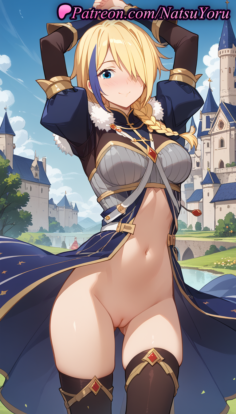 2025 ai_generated anime anime_style armor arms_up artist_name asian ass_visible_through_thighs big_breasts black_thighhighs blonde_hair blue_dress blue_eyes blue_hair blue_sky blush bottomless braid braided_ponytail breasts brown_thighhighs bust castle claire_(konosuba) cleft_of_venus closed_mouth cloud cowboy_shot day dress female_focus female_solo fur_trim gold_trim groin hair_over_one_eye hair_over_shoulder hairless_pussy hentai high_quality high_res high_resolution jewelry kono_subarashii_sekai_ni_shukufuku_wo! labia labia_majora long_hair long_sleeves looking_at_viewer medium_breasts multicolored_hair natsuyoru navel nipples nipples_outside no_panties non-asian nose_blush one_eye_covered outside patreon puffy_sleeves pussy shaved_pussy single_braid skindentation sky smile stable_diffusion standing stockings stomach streaked_hair two-tone_hair uncensored uncensored_nipples voluptuous voluptuous_female