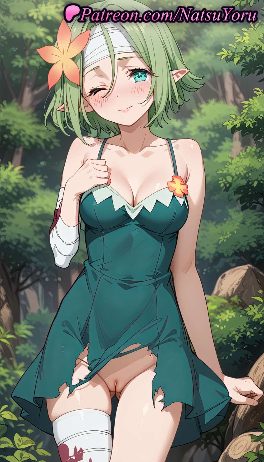 2025 ai_generated anime anime_style artist_name ass_visible_through_thighs bandage_over_one_eye bandaged_arm bandaged_head bandaged_leg bandages bare_shoulders big_breasts blue_eyes blush breasts bust cleavage cleft_of_venus closed_mouth collarbone cowboy_shot day dress elf elf_ears female_focus flower flowers forest green_dress green_eyes green_hair hair_between_eyes hair_flower hair_ornament hairless_pussy hand_up hentai high_quality high_res high_resolution kono_subarashii_sekai_ni_shukufuku_wo! labia looking_at_viewer medium_breasts natsuyoru nature no_panties non-asian one_eye_closed outside paipan patreon pointed_ears pointy_ears pussy short_dress short_hair sleeveless sleeveless_dress smile stable_diffusion thigh_gap torn_clothes torn_dress tranquility_girl tree uncensored voluptuous voluptuous_female