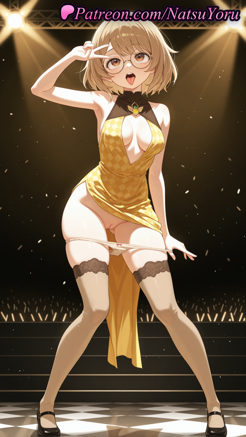 ai_generated anime anime_style arm_up armpit armpits artist_name asian ass_visible_through_thighs audience bangs bare_arms bare_shoulders big_breasts black_footwear blonde_hair blush bow bow_panties breasts brown_eyes brown_hair brown_thighhighs bust checkered_floor cleavage cleavage_cutout cleft_of_venus clothes_lift clothing clothing_cutout confetti dress dress_lift female_focus flashing full_body glasses glowstick halter_dress halterneck hentai high_heels high_quality high_res high_resolution kichijouji_yoriko legs legs_apart looking_at_viewer medium_breasts natsuyoru open_mouth oshi_no_ko panties panties_down panty_pull patreon pelvic_curtain pigeon-toed pulled_by_self pussy round_eyewear shoes short_hair side_slit skindentation sleeveless sleeveless_dress spotlight stage stage_lights standing stockings teeth thighs tongue tongue_out uncensored underwear upper_teeth_only v v_over_eye voluptuous voluptuous_female white_panties yellow_dress