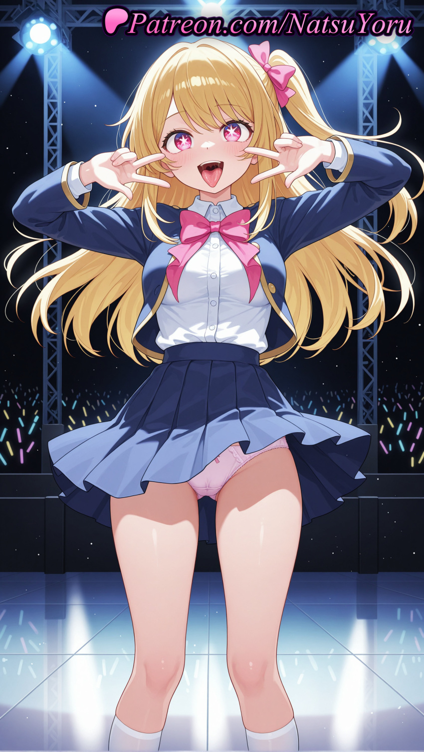 ai_generated anime anime_style ass_visible_through_thighs audience bangs big_breasts blonde_hair blouse blue_jacket blue_skirt blush bow bow_panties bowtie breasts bust clothing collared_shirt concert cropped_jacket double_v double_w dress_shirt feet_out_of_frame female_focus footwear glowstick hair_bow hair_ribbon hands_up heart heart-shaped_pupils hentai high_quality high_res high_resolution hoshino_ruby idol jacket kneehighs kneesocks long_hair long_sleeves looking_at_viewer medium_breasts mismatched_pupils natsuyoru one_side_up open_clothes open_jacket open_mouth oshi_no_ko panties pantyshot patreon piercing pink_bow pink_bowtie pink_eyes pink_panties pink_ribbon pleated_skirt ribbon school_uniform shirt shirt_tucked_in side_ponytail skirt skirt_lift smile socks stage stage_lights standing star-shaped_pupils star_(symbol) star_in_eye symbol-shaped_pupils symbol_in_eye teeth thighs tongue tongue_out tongue_piercing underwear upper_teeth_only v v_over_eye voluptuous voluptuous_female w white_shirt white_socks wind_lift youtou_high_school_uniform