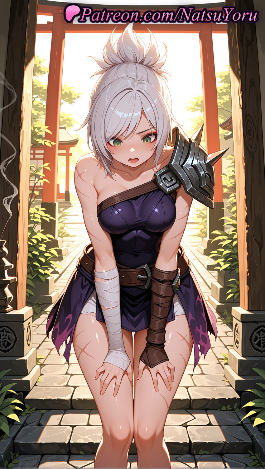1girl 1girl 1girls 2025 ai ai_assisted ai_generated anime anime_style arm_wrap armor asymmetrical_clothes bandaged_arm bandaged_hand bandages bangs bare_shoulders belt bent_over big_breasts big_breasts blush breasts brown_belt bust collarbone covered_navel dress female_focus female_only folded_ponytail gloves green_eyes grey_hair hands_on_own_knees hands_on_own_thighs hentai high_quality high_res high_res high_resolution league_of_legends league_of_legends:_wild_rift leaning_forward looking_at_viewer looking_down medium_breasts natsuyoru non-asian open_mouth outside patreon pauldrons ponytail purple_dress riot_games riven scar scar_across_eye scar_on_arm scar_on_face scar_on_leg short_hair shorts shoulder_armor shoulder_spikes single_bare_shoulder single_pauldron solo_female spikes stable_diffusion standing swept_bangs thigh_gap thighs tied_hair torii torn_clothes voluptuous voluptuous_female white_hair